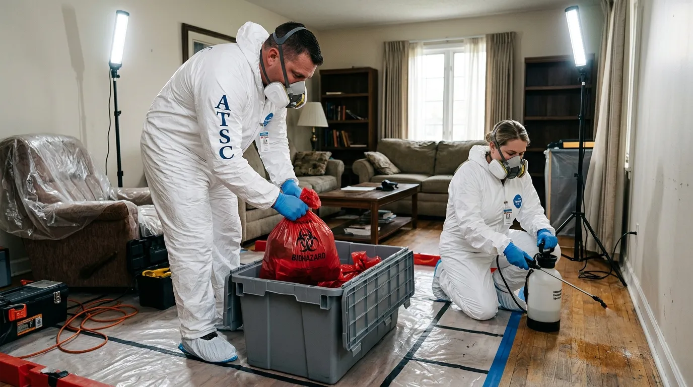 Professional Biohazard Cleanup technician in full PPE working in Carol Stream